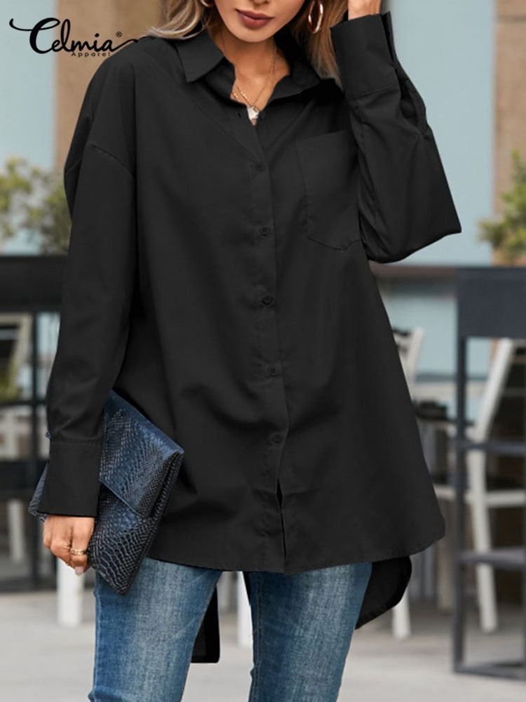 Celmia Women's Loose Fitting Long Sleeve Blouse With a Slit at the Back.