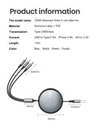 3in1 Retractable Fast Charge  USB To 8 pin/Type C 6A 100W USB Cable for iPhone 14 13 12 Pro Max