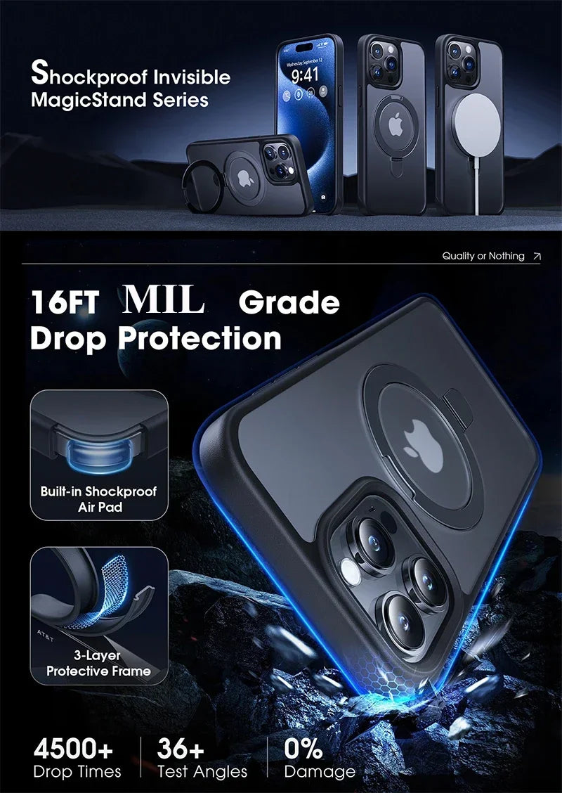 Magsafe IPhone Mat Finish Air 17 16 15 14 13 12 11 Pro Max Plus With Lens Protector And Metal Ring Stand