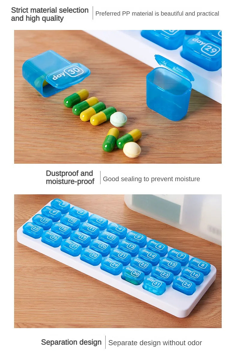 Portable 31 Days Medicine Box With Detachable Compartments