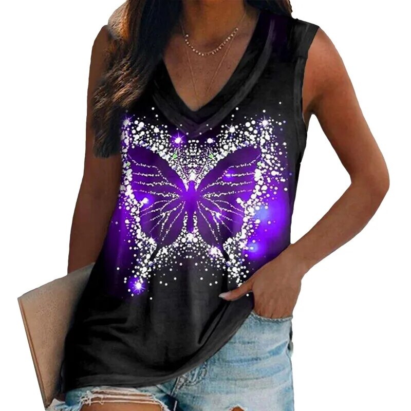 Women's Sleeveless Multi-pattern T-shirt.