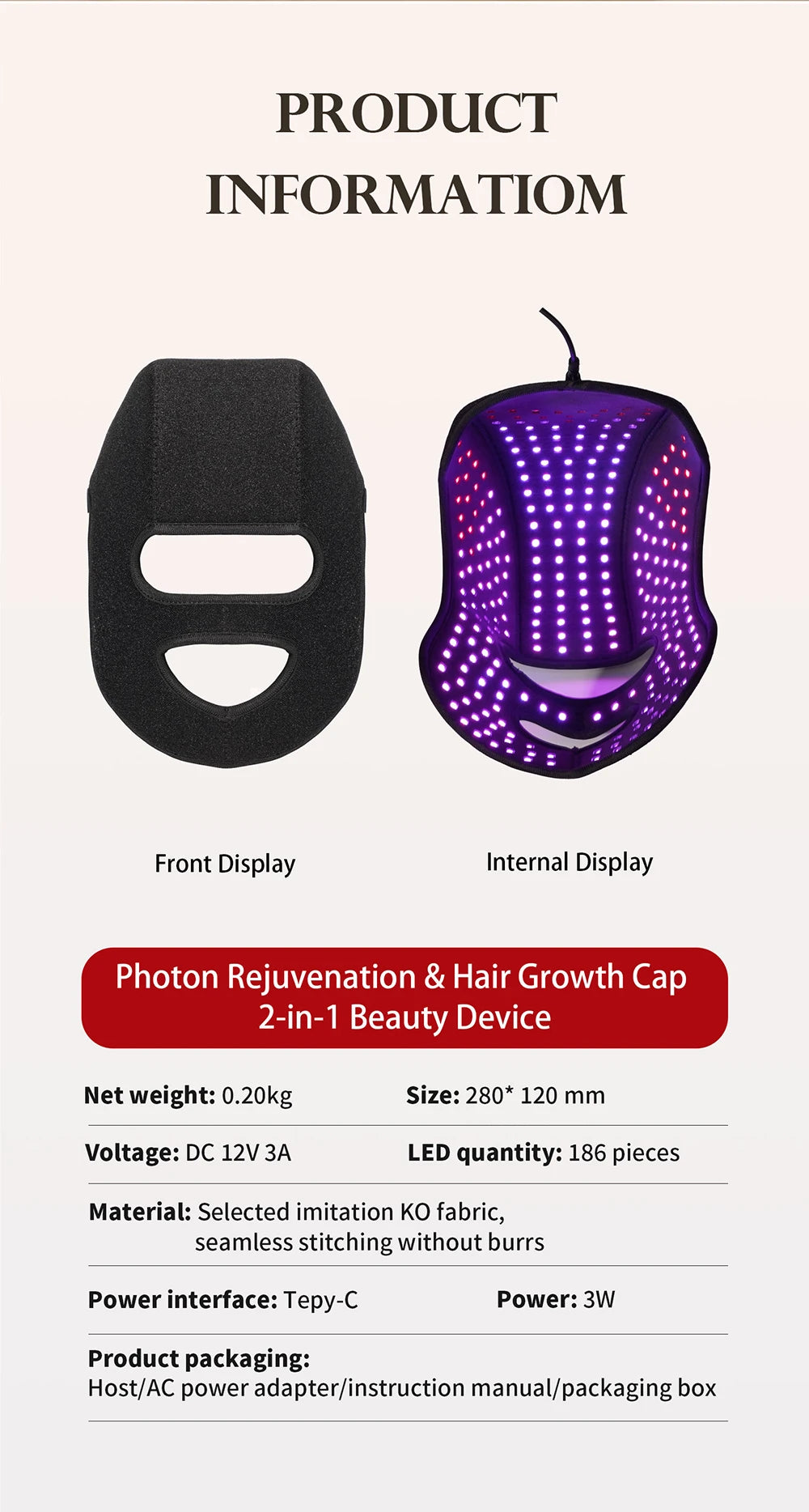 NEW 186 LED's Hat & Face Red Light Therapy For Hair Loss And Skin Rejuvenation