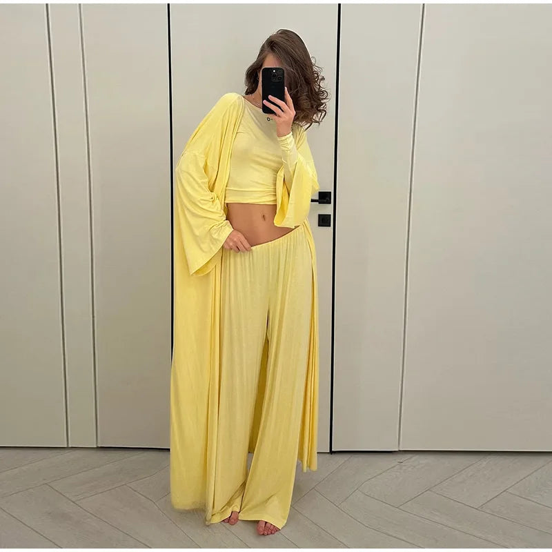 Women's 3 Piece Off Shoulder Sleeveless Cropped Tank Top With Elastic Wide Leg Pant And Long Cardigan