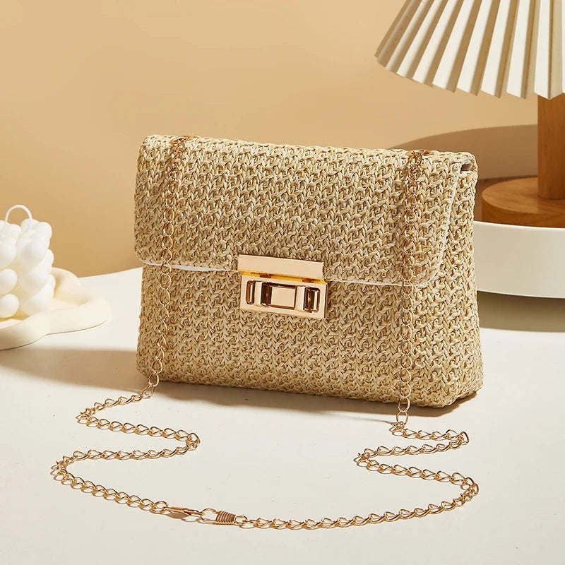 Women's Woven Straw Shoulder Bag With Chain Strap and Buckle Clutch Closure