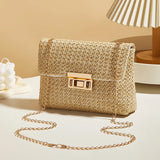 Women's Woven Straw Shoulder Bag With Chain Strap and Buckle Clutch Closure