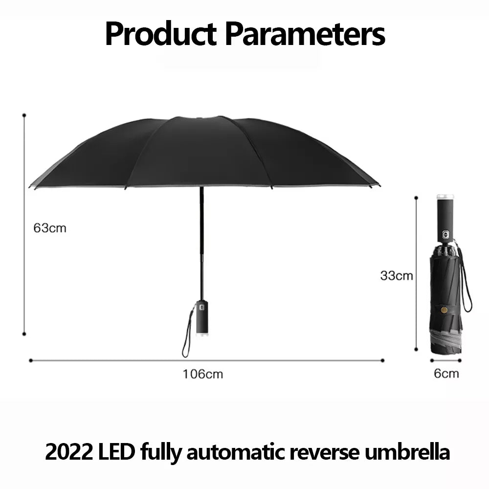 Fully 10 Ribs Windproof Automatic Reverse Folding UV Protected Umbrella With LED Flashlight