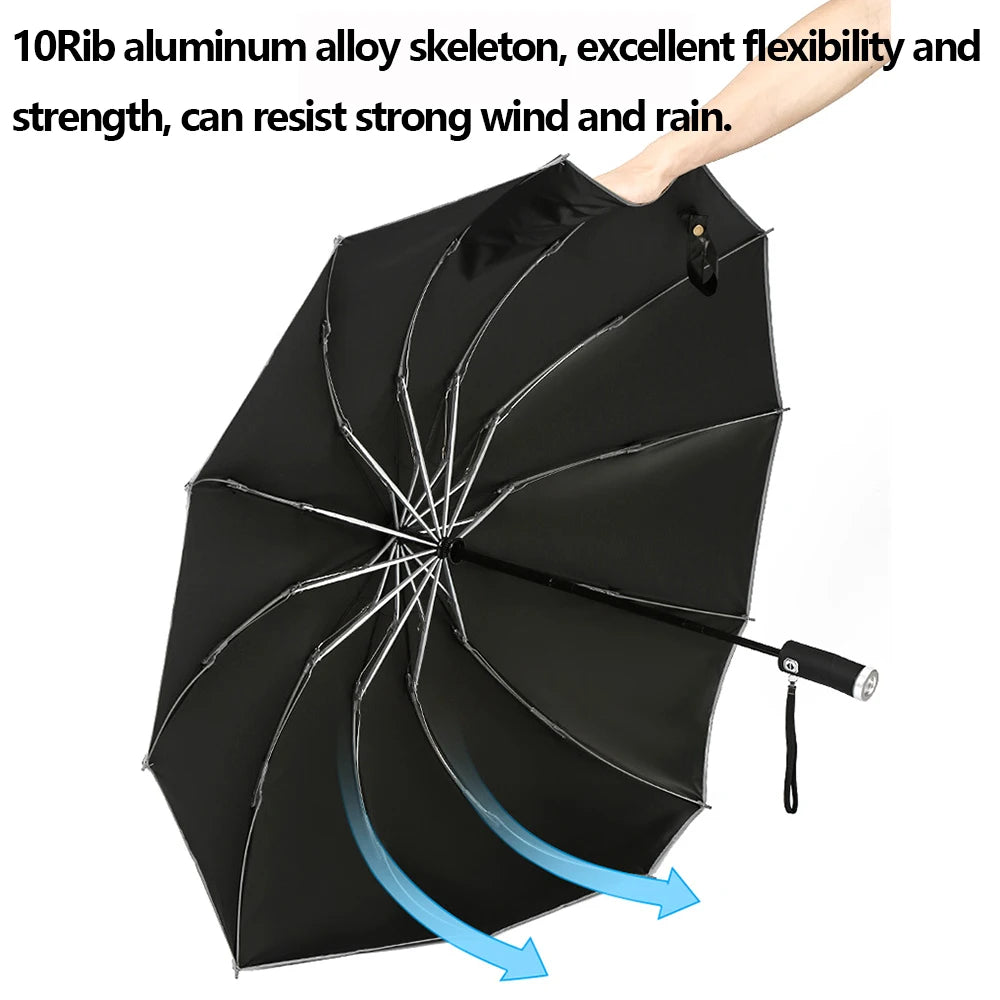 Fully 10 Ribs Windproof Automatic Reverse Folding UV Protected Umbrella With LED Flashlight