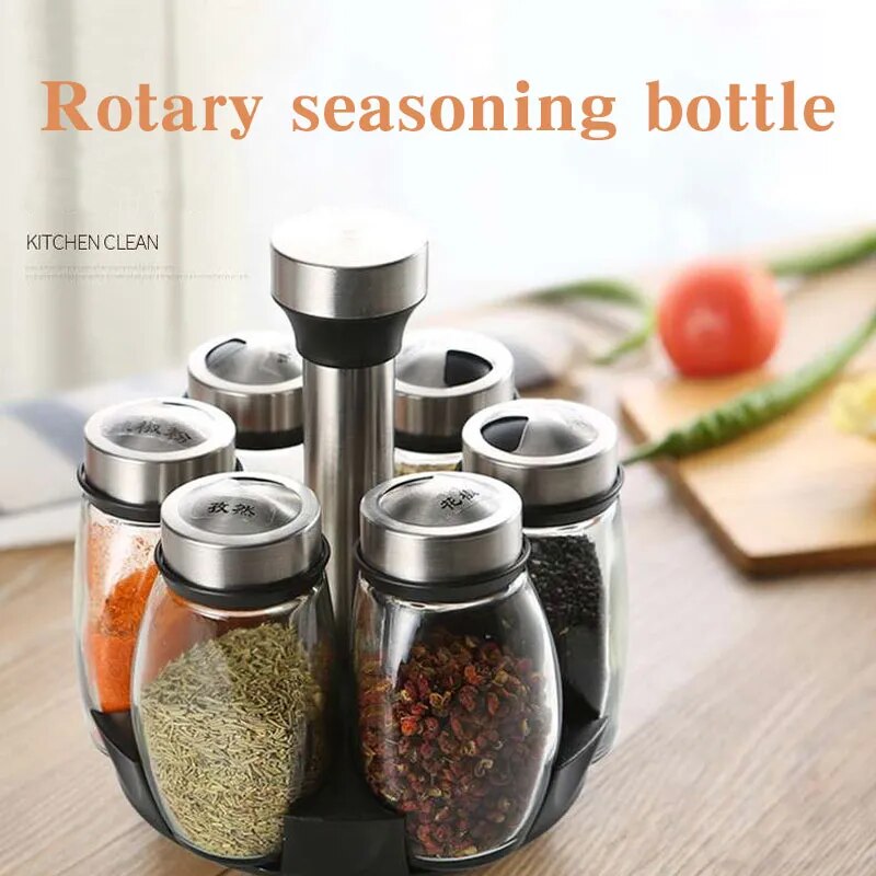 1 OR 7pcs Glass Spice Jars On Rotating Storage Holder.