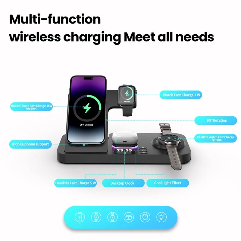 30W Digital Clock Wireless Charger With RGB Night Light For Smartphone Airpods Pro Huawei Apple Watch