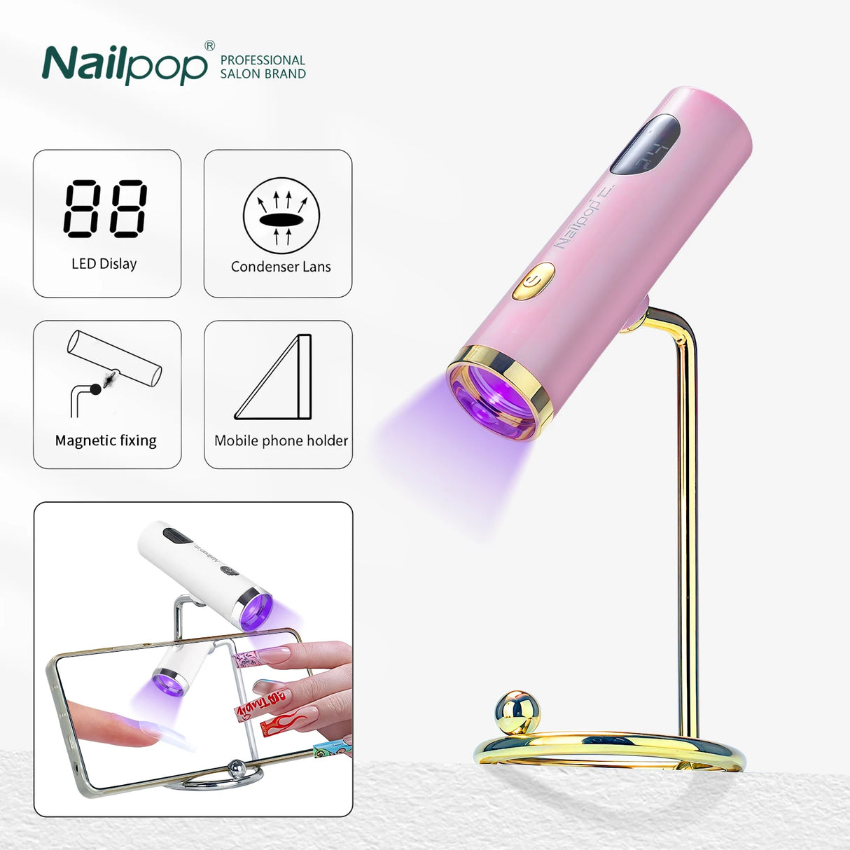 NAILPOP USB Rechargeable Pink Portable Magnetic UV Gel Nails Lamp