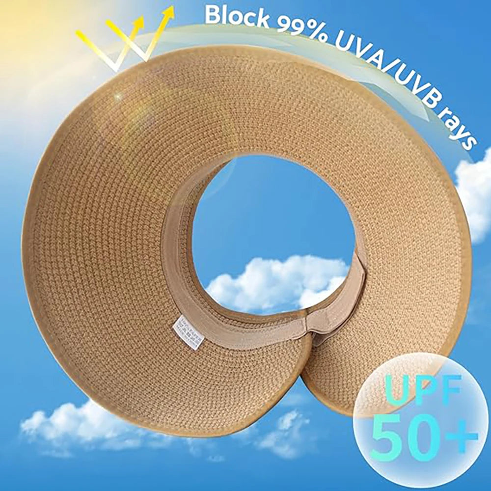 Women's Foldable Ponytail Straw Travel Sun Hat