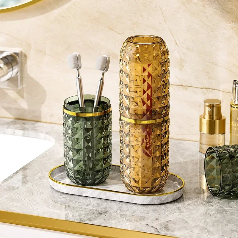 Light Luxury Diamond Pattern Travel Cup Toothpaste And Toothbrush Holder