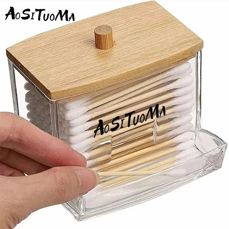 1pc7 Oz Cotton Swab Holder With Wooden Lid