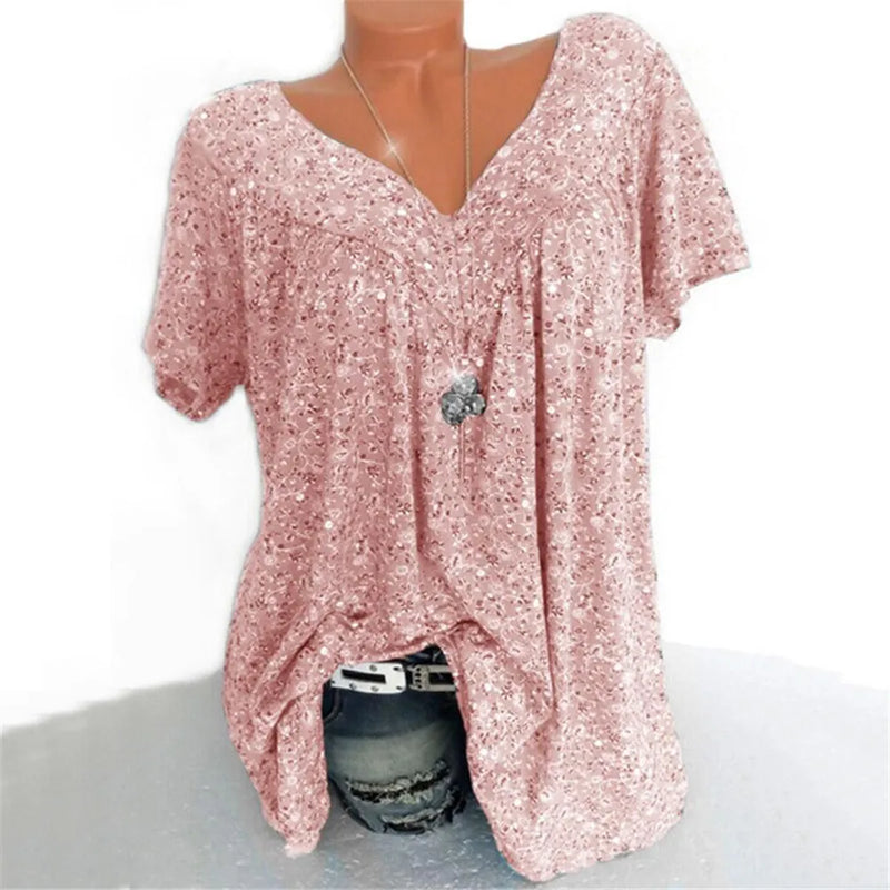 Women's V-Neck Printed Short Sleeve Tops