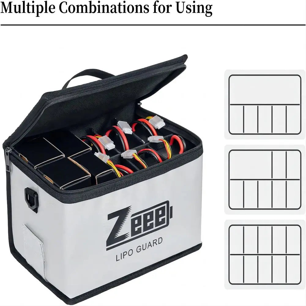 Zeee Lipo Fireproof Safe Battery Bag With Pouches For Multiple Battery Storage.