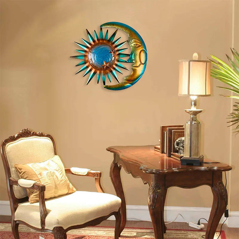 Indoor/Outdoor Metal Moon And Sun Wall Decor.