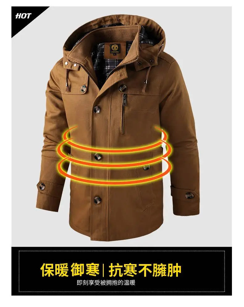 Men's Mid-length Hooded Multi-pocket Slim-fit Jacket