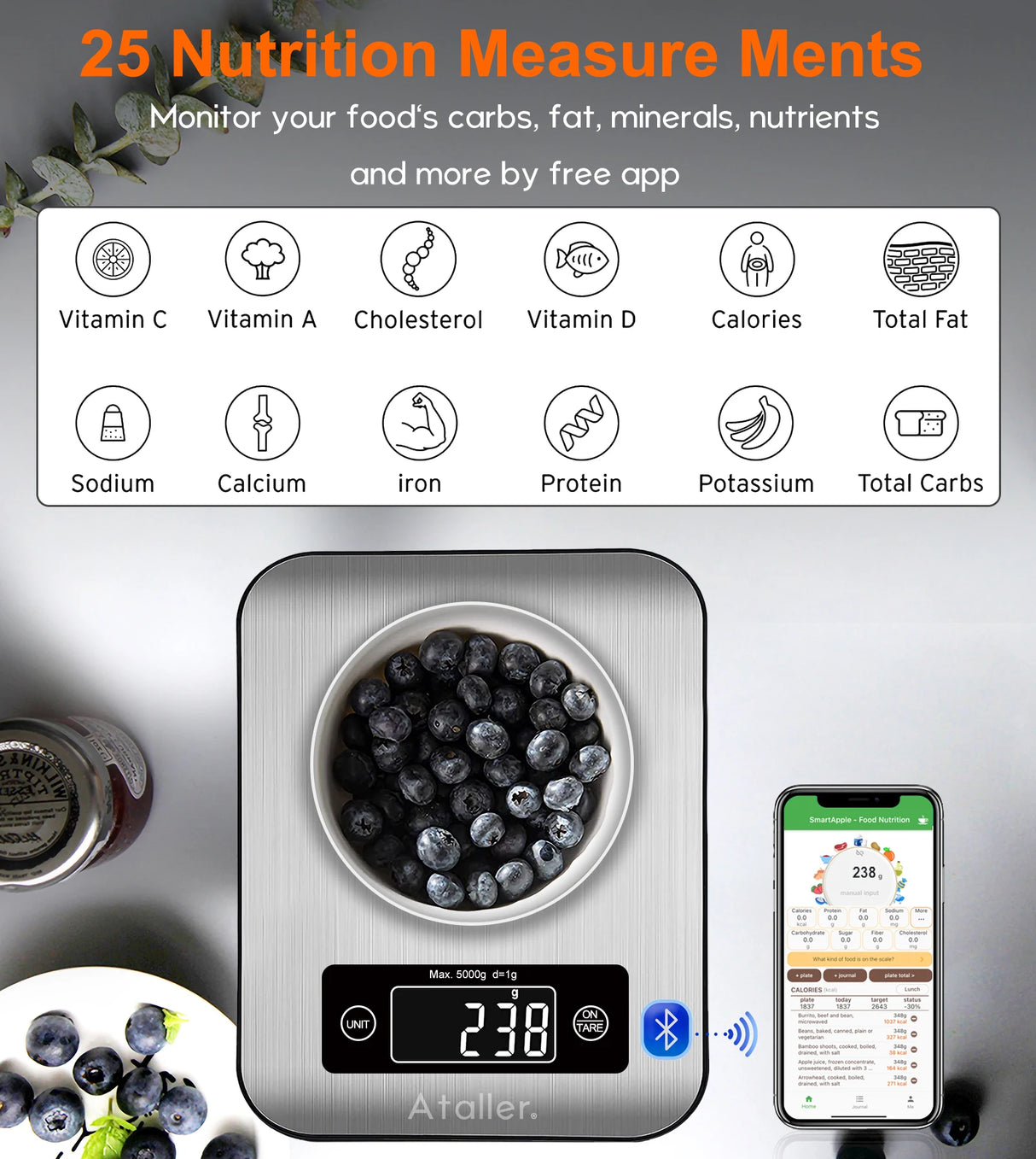 Ataller 5kg Stainless Steel Electronic Digital Bluetooth/Nutrition APP Food Scale