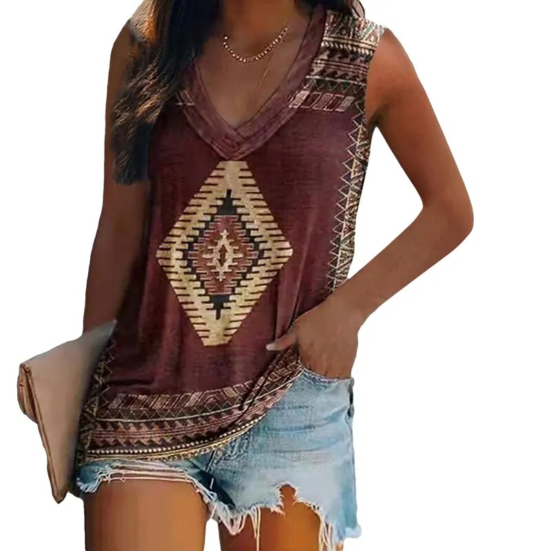 Women's Sleeveless Multi-pattern T-shirt.