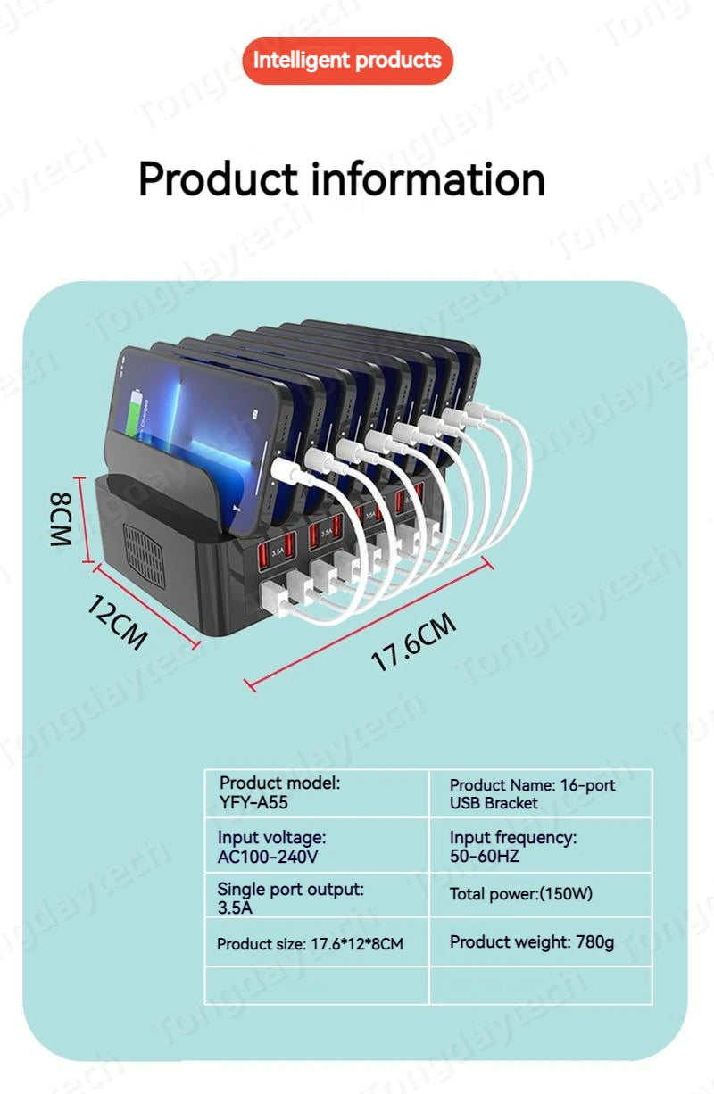 150W Universal Multi 16 Port USB 3.5A Fast Charging Station For Iphone Ipad Samsung Xiaomi Tablet