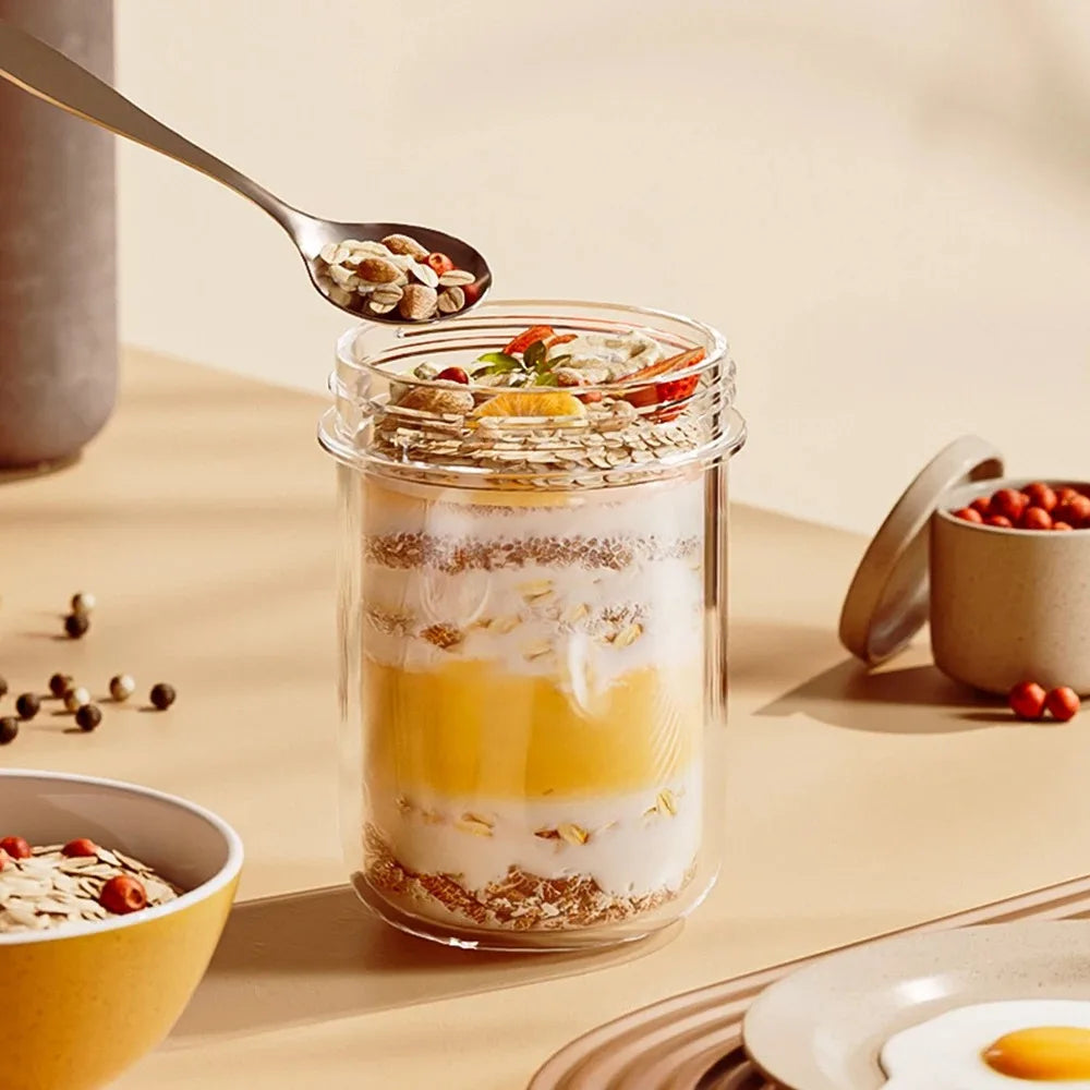 430ML Glass Cup With Lid And Spoon Great For Breakfast Oats Or Salad Cups