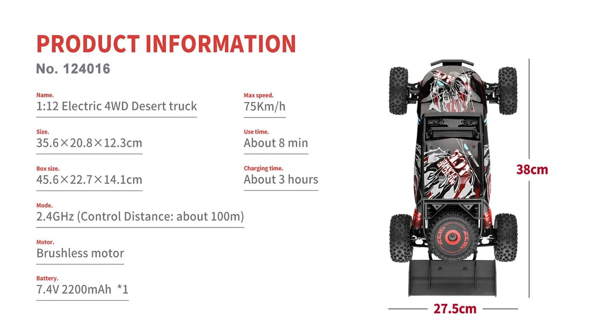 WLtoys -WL Off-Road Remote RC Racing Car 124016  V8 V2 1/12 4WD High Speed Brushless Motor.