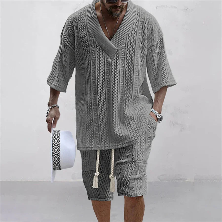 Men's Two Piece V-Neck Knitted Casual Shorts Set
