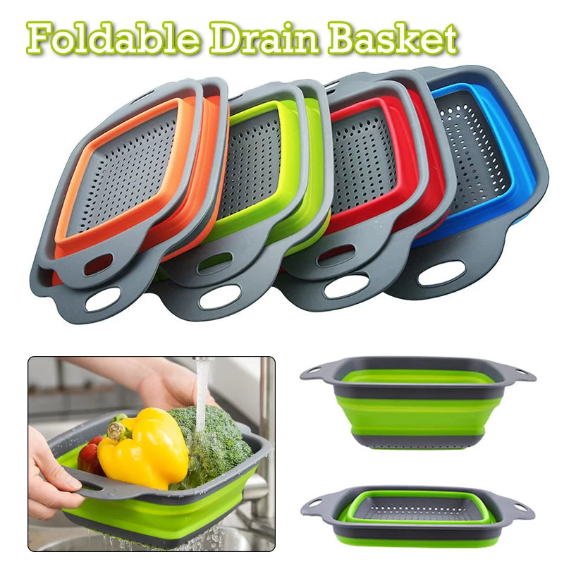 Foldable Square Vegetable Fruit Strainer Basket with Handle