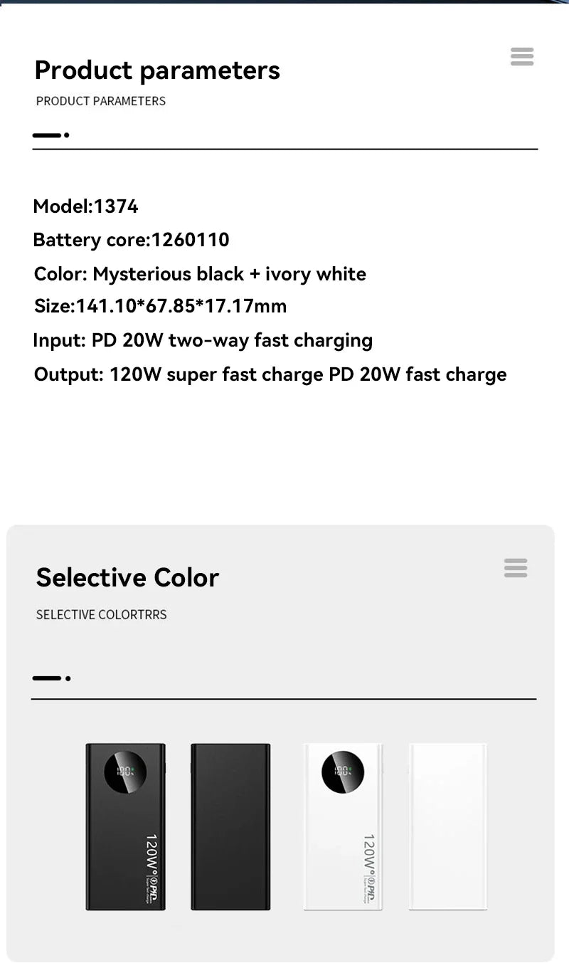 80000mAh High Capacity 120W Super Fast Charging Power Bank For iPhone Or Samsung