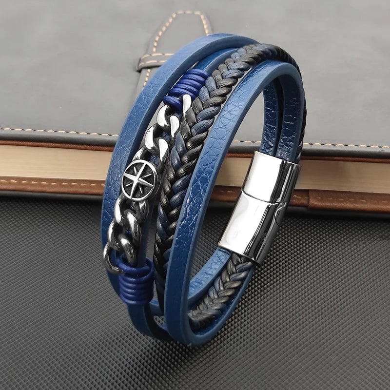 Blue Braided Leather Hexagram Bracelet With Stainless Steel Magnetic Clasp