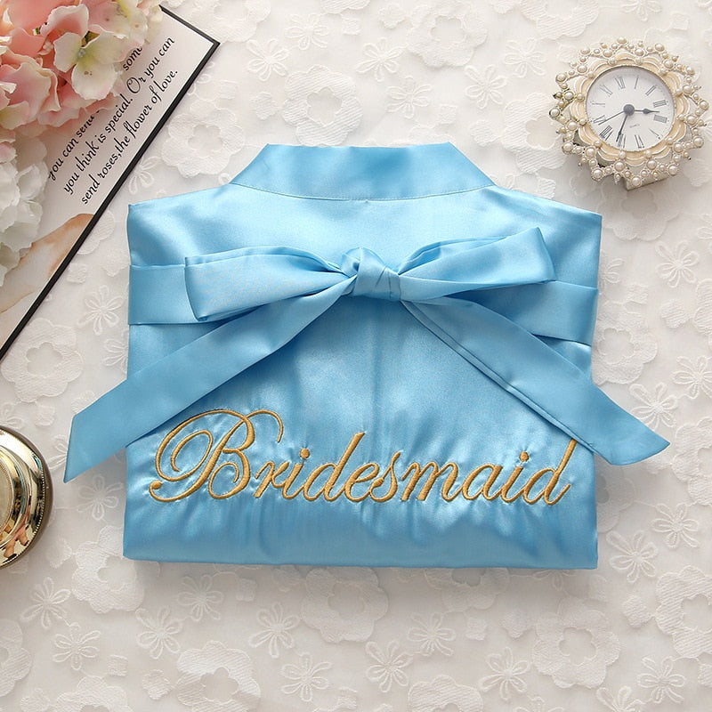 Short satin embroidered Bride and Bridesmaid bathrobe.