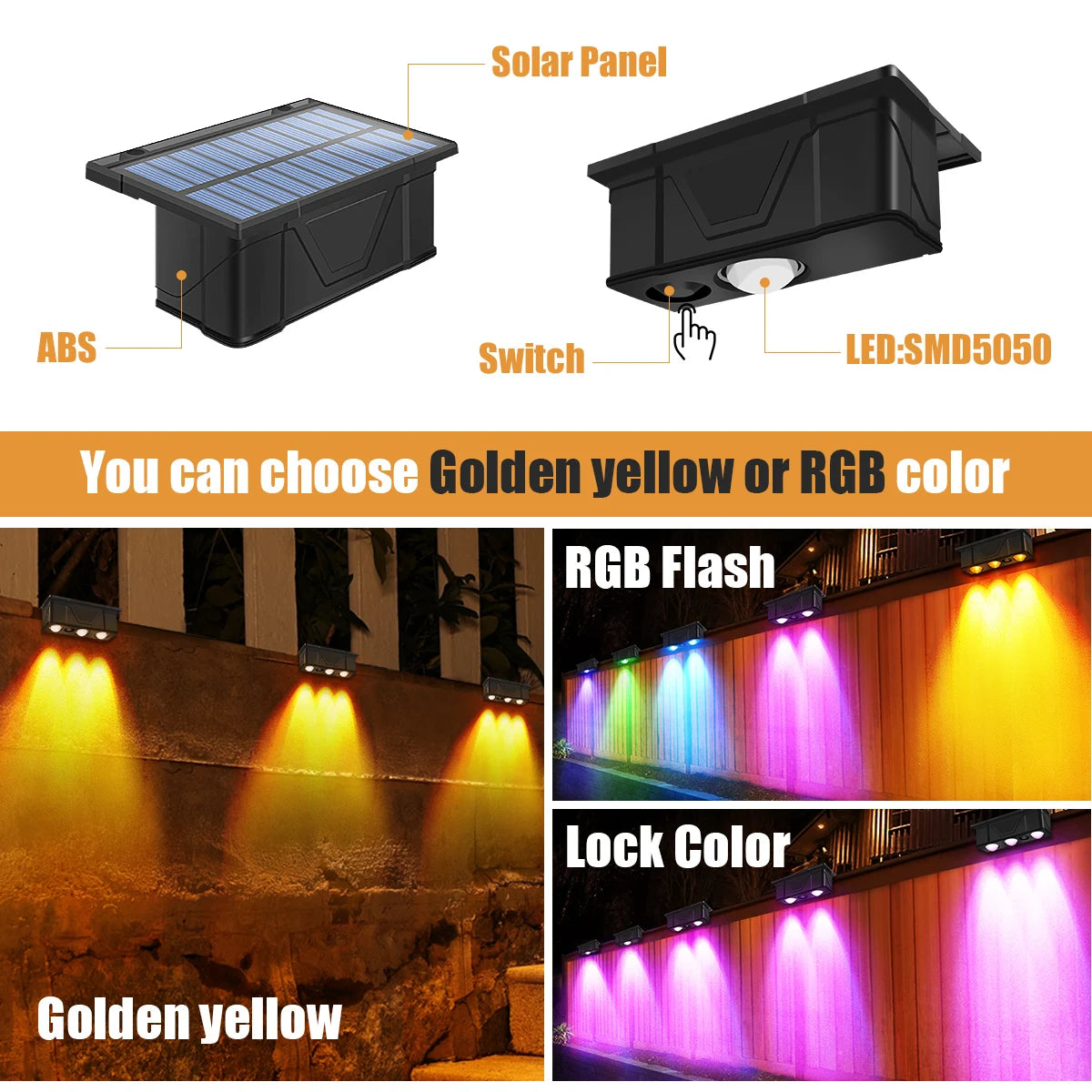 Waterproof Solar RGB Or Yellow Lights for Step Fence Or Railing