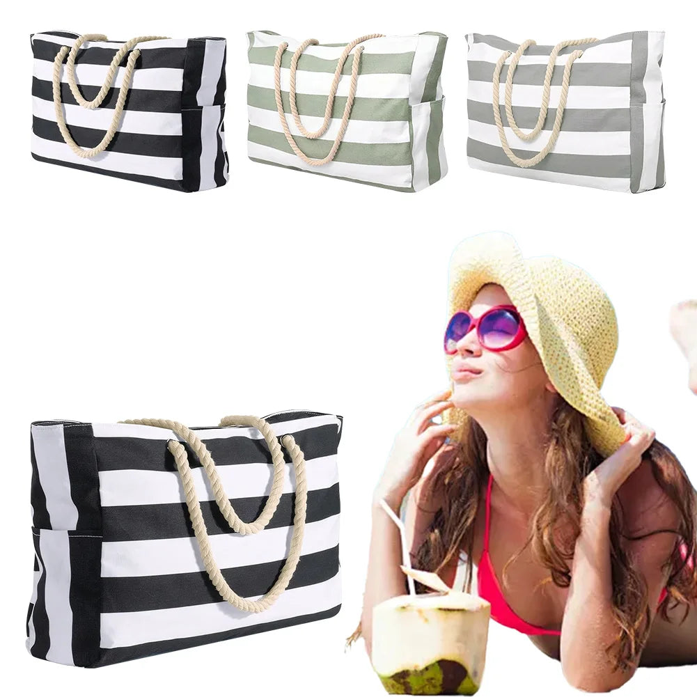 Striped Waterproof Canvas Summer Beach Tote Bag With Zipper