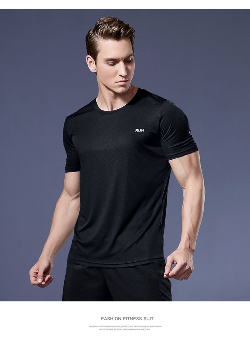 Men's multicolor short sleeve gym shirts. Quick drying, breathable sportswear
