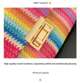 Women's Straw Rainbow Stripe Shoulder Crossbody Handbag With Chain Strap