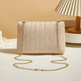 Women's Woven Straw Shoulder Bag With Chain Strap and Buckle Clutch Closure