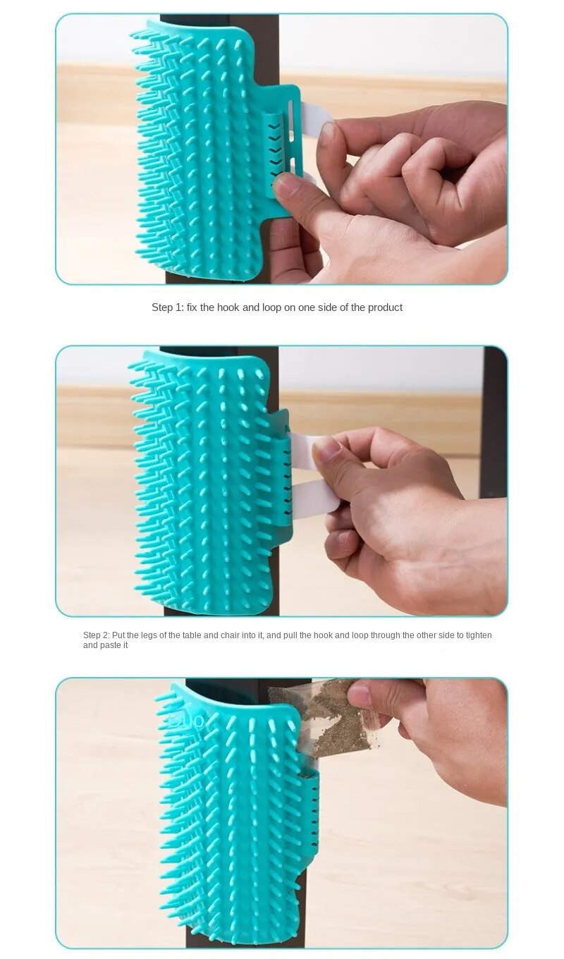 Cats Scratcher Grooming Brush That Attaches With Straps To Table Legs.