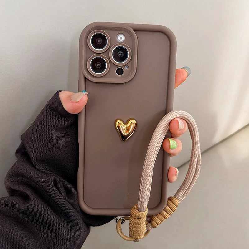 3D Golden Love Heart Soft Case With Strap For iPhone 16 17 Pro Max 15 14 13 12 11 Pro 16E 7 8 Plus
