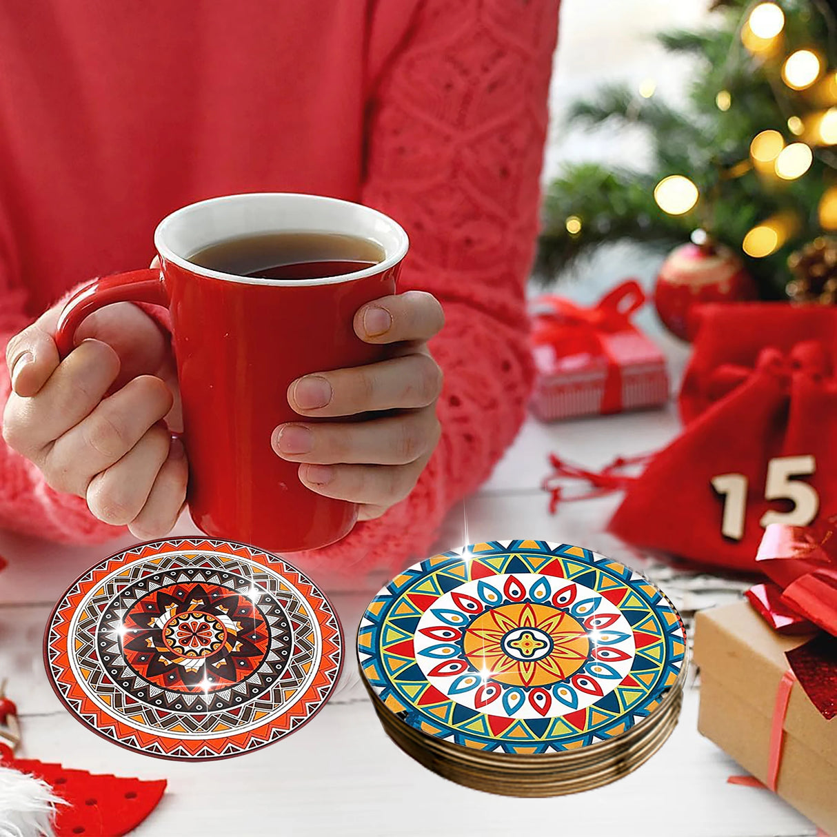 8 Pieces/Set Mandala Patterned Wooden Anti-Slip Coasters