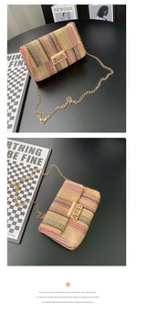 Women's Straw Rainbow Stripe Shoulder Crossbody Handbag With Chain Strap