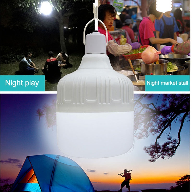 Portable LED Rechargeable Emergency Light. Lantern comes with a hook for camping or patio lighting.