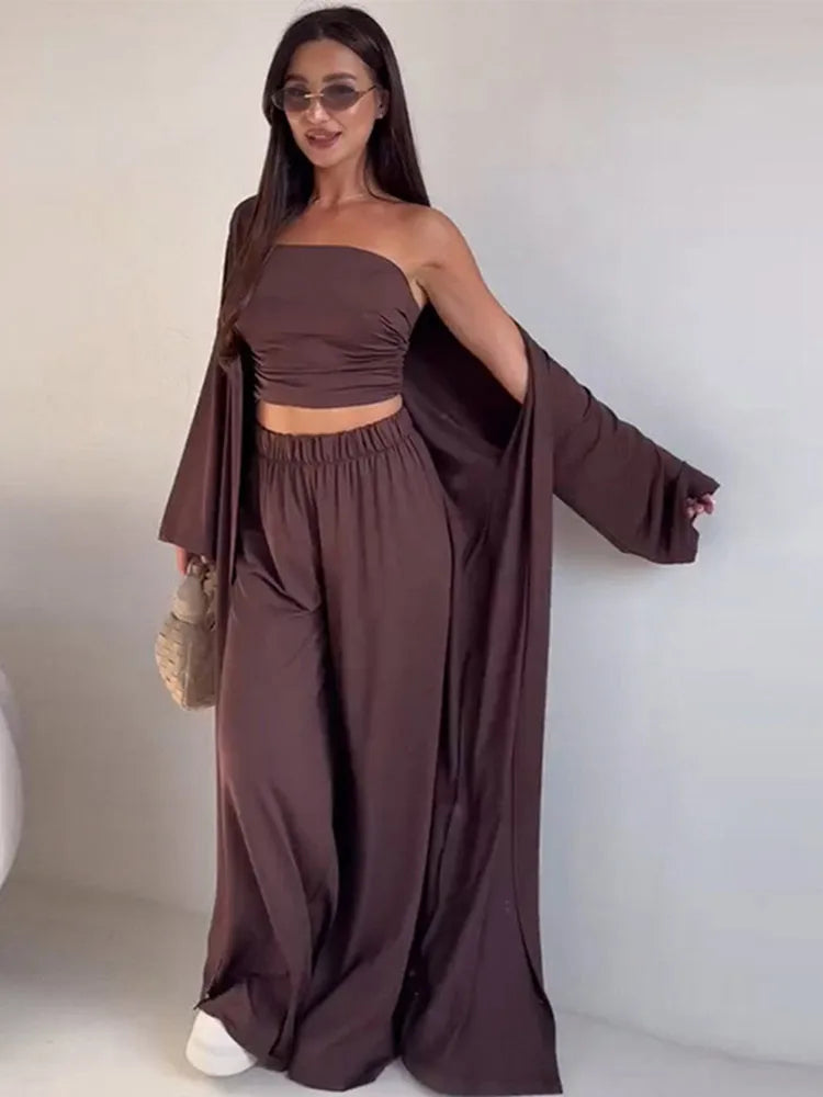 Women's 3 Piece Off Shoulder Sleeveless Cropped Tank Top With Elastic Wide Leg Pant And Long Cardigan