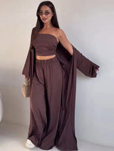 Women's 3 Piece Off Shoulder Sleeveless Cropped Tank Top With Elastic Wide Leg Pant And Long Cardigan