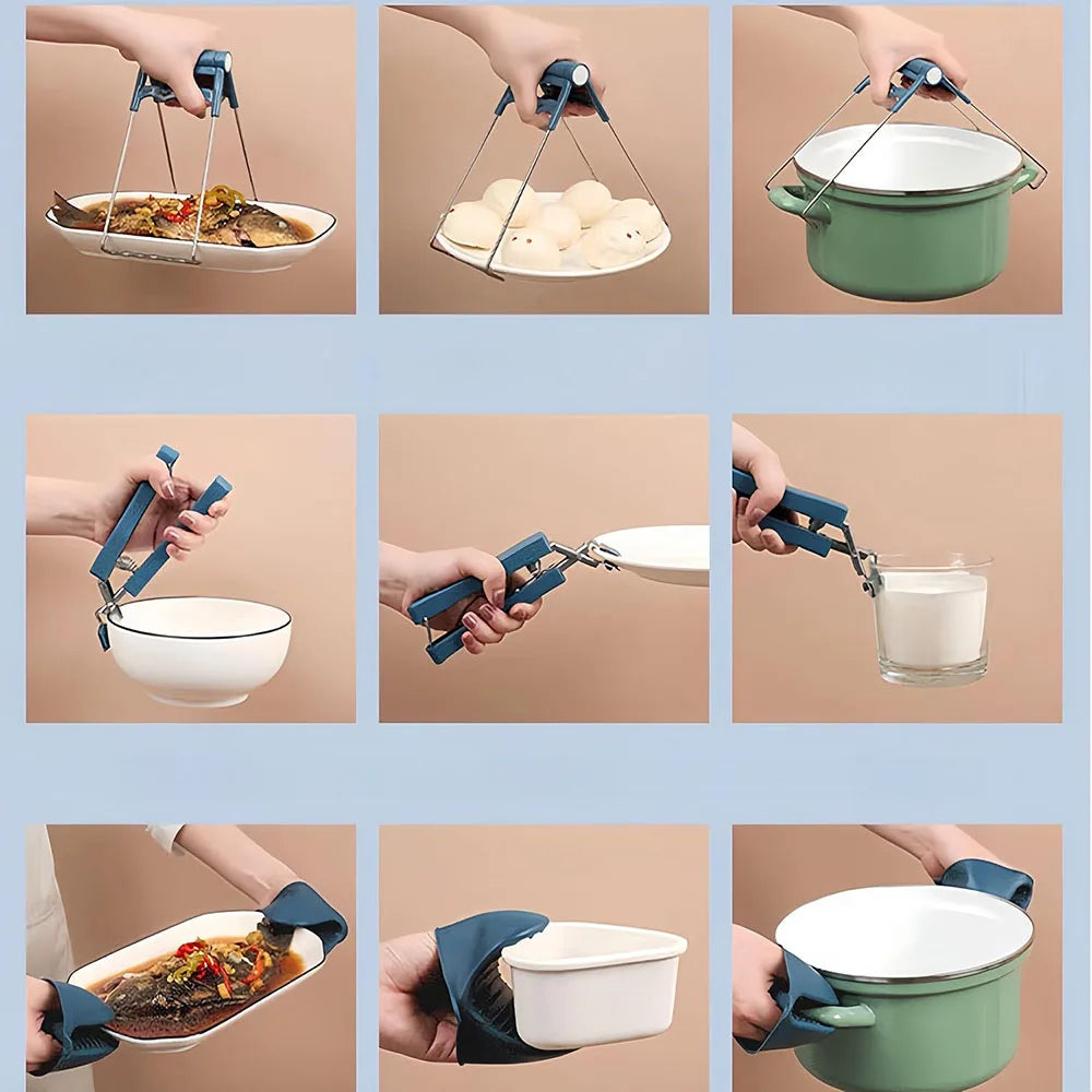 4 PCS Stainless Steel Hot Plate Gripper Set With Silicone Pinch Grips Oven Mitts