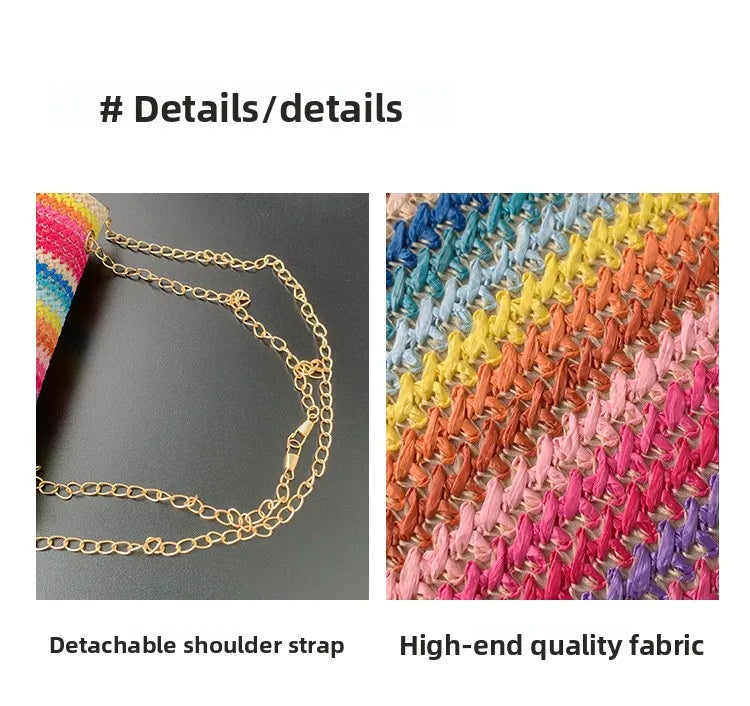 Women's Straw Rainbow Stripe Shoulder Crossbody Handbag With Chain Strap