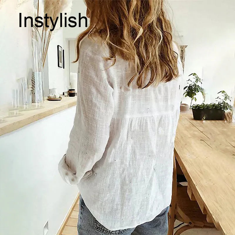 Women's Casual Long Sleeve Cotton Linen Blouse.