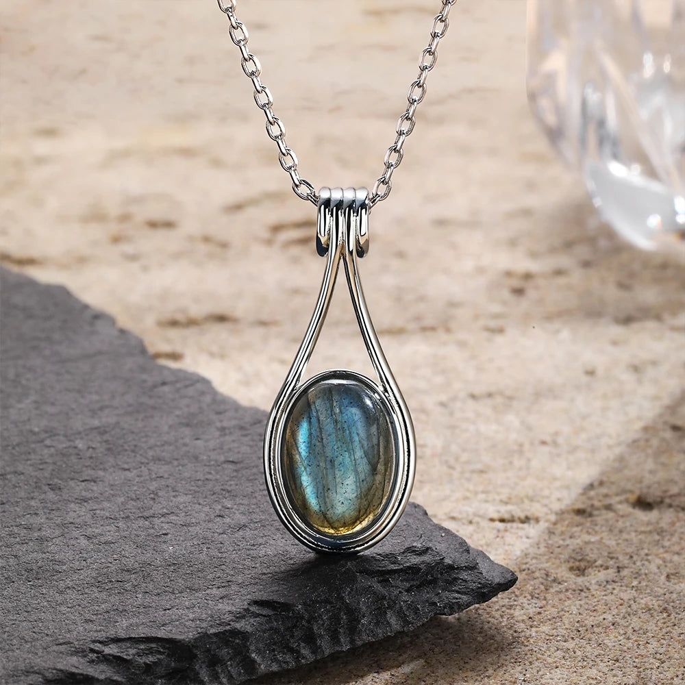 Oval 10X14MM  Sterling Silver Platinum Natural Labradorite Pendants
