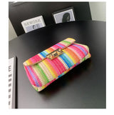 Women's Straw Rainbow Stripe Shoulder Crossbody Handbag With Chain Strap