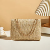 Women's Woven Straw Shoulder Bag With Chain Strap and Buckle Clutch Closure