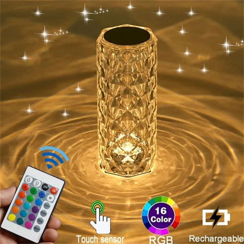 LED Crystal remote touch USB table lamp.  Romantic diamond color night light.